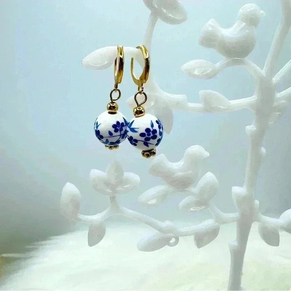 Blue & White Floral Porcelain Bead Earrings - Picture 1 of 4
